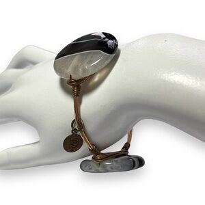 Bourbon and Bowties Black&White Glass Pendant Gold Toned Wire Bracelet